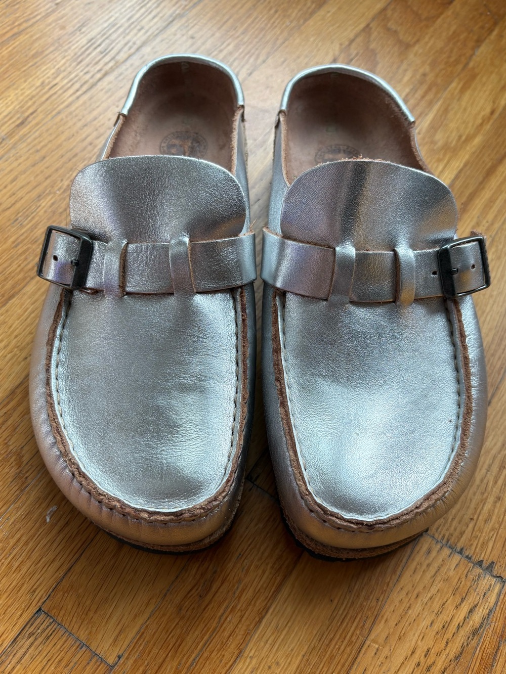 Birkenstock Metallic Silver Slip-On Mules with Buckle Detail in size 39